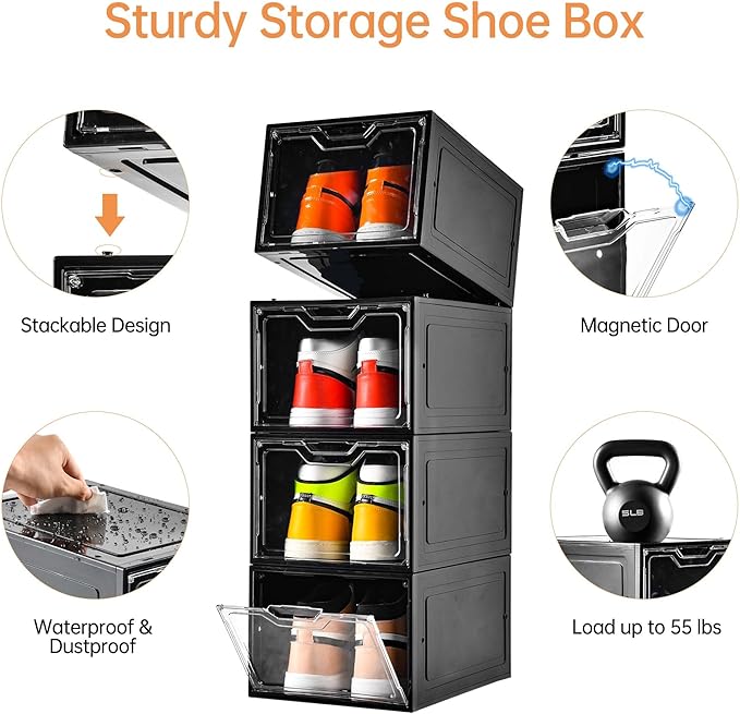 12 Pack Shoe Boxes Organizer, Magnetic Door Shoe Storage Boxes, Fit up to US