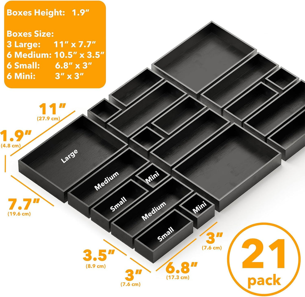 SpaceAid 21-Piece Bamboo Drawer Organizer Storage Boxes Set, Wood Tray Junk D...