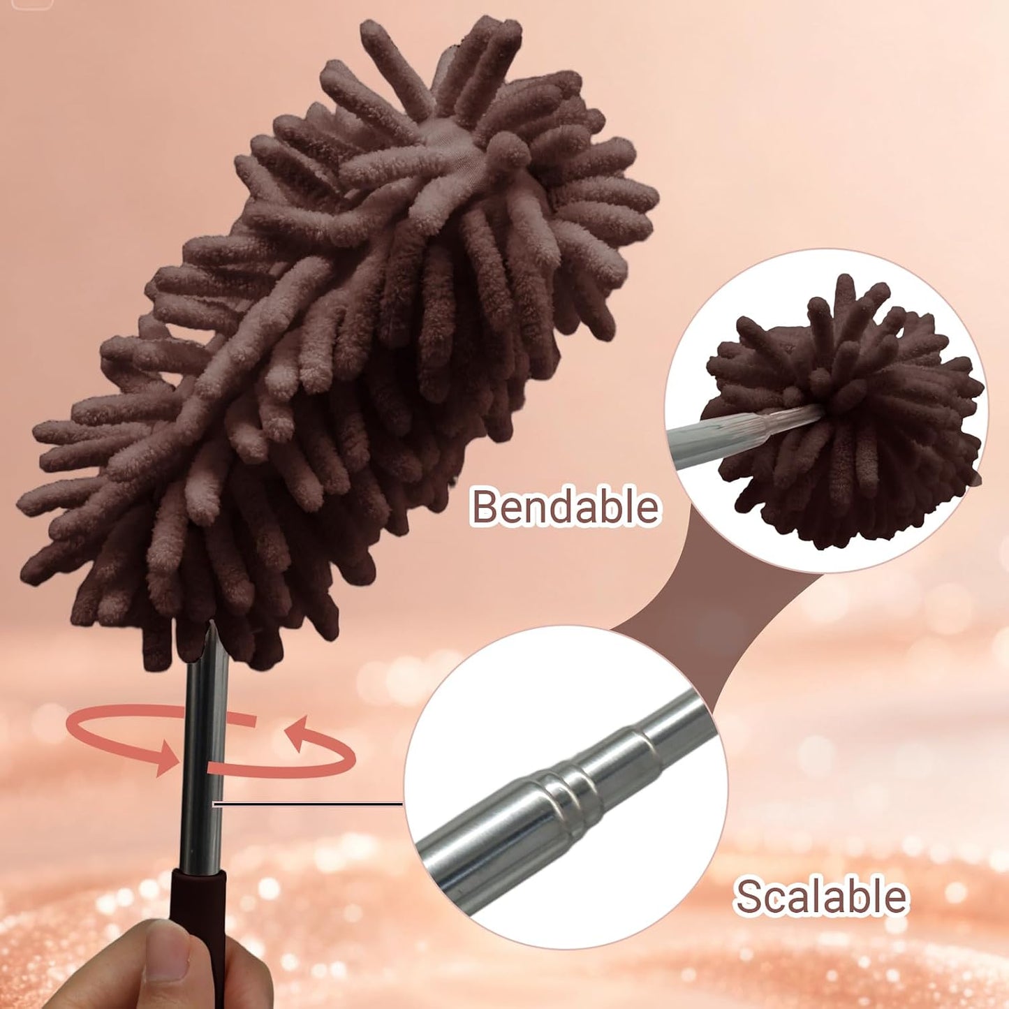 2 Pack Car Interior Duster, Brown Retractable Cleaning Tool, 12 to 31 Inch Extendable Pole with Bendable Head, Soft Chenille Dusting Brush for Auto, Home, Office & Furniture