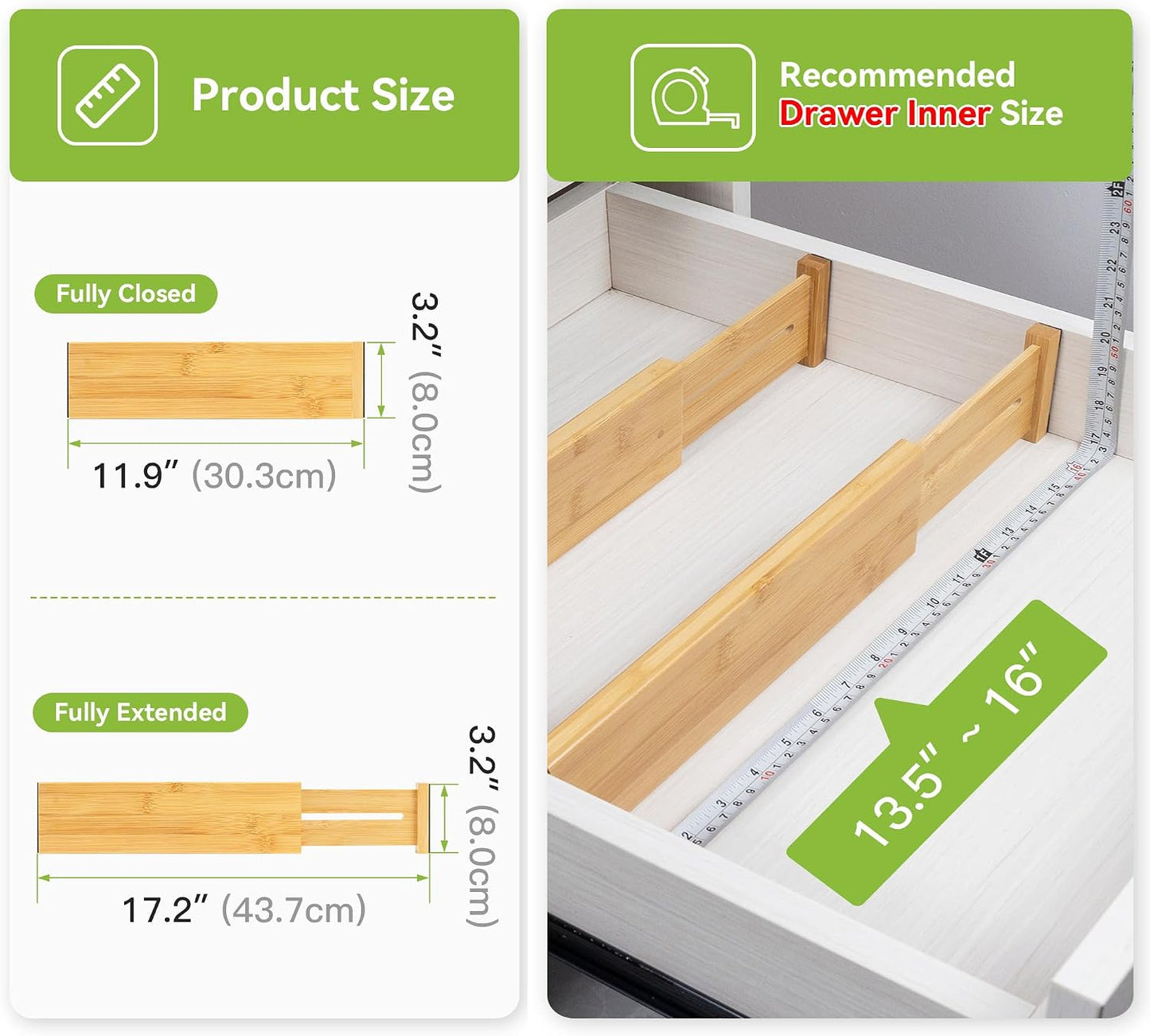 Utoplike Bamboo Dresser Drawer Dividers, Expandable Organizer for Clothing | Adjustable 3.2" High Drawers Separators for Kitchen, Bathroom, Bedroom, Office Storage, 4Pcs, Fit 13.5"-16" Inner Drawer