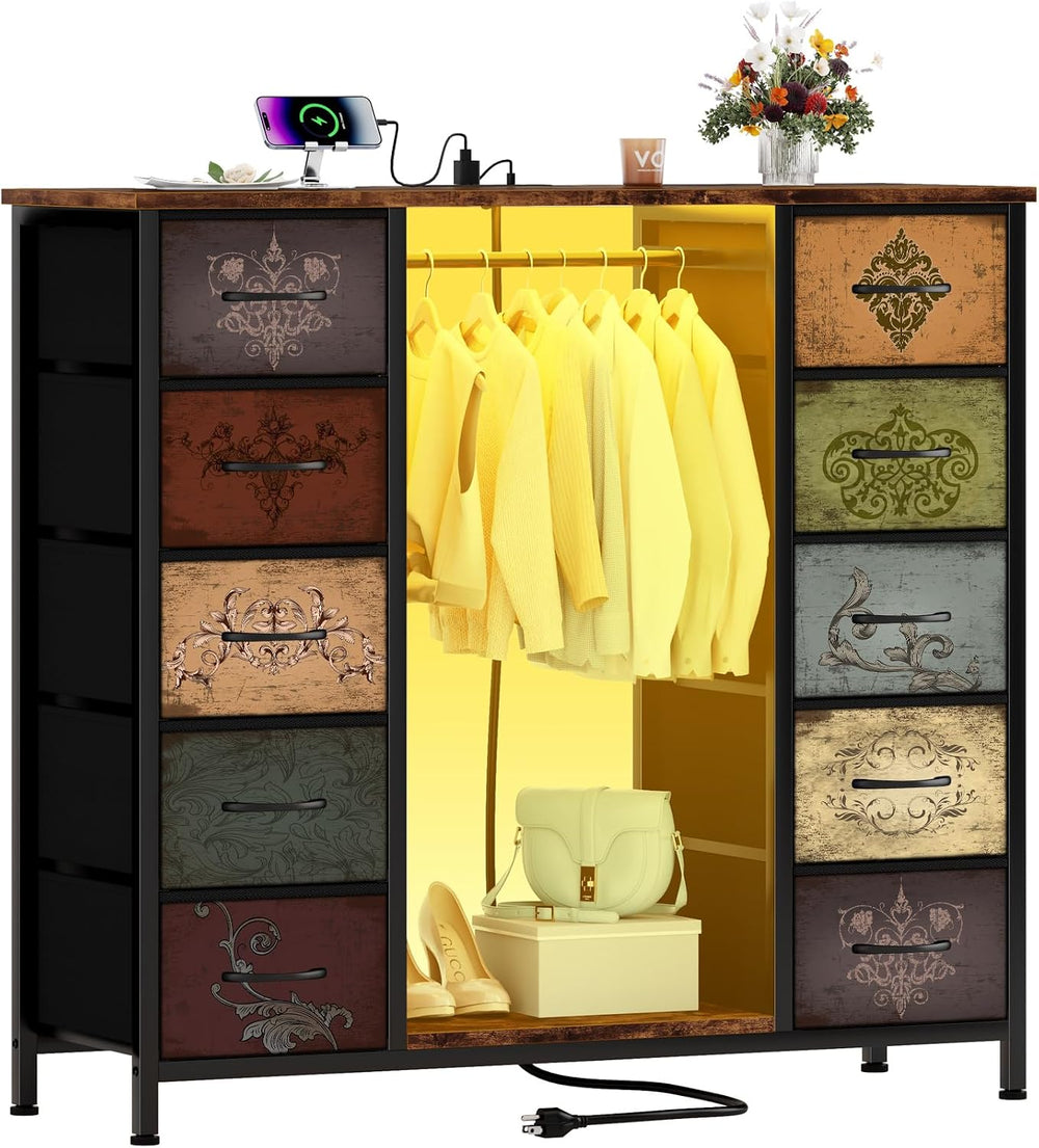 VASICAR Tall Dresser for Bedroom with Hanging Rack, 10 Drawers TV Stand