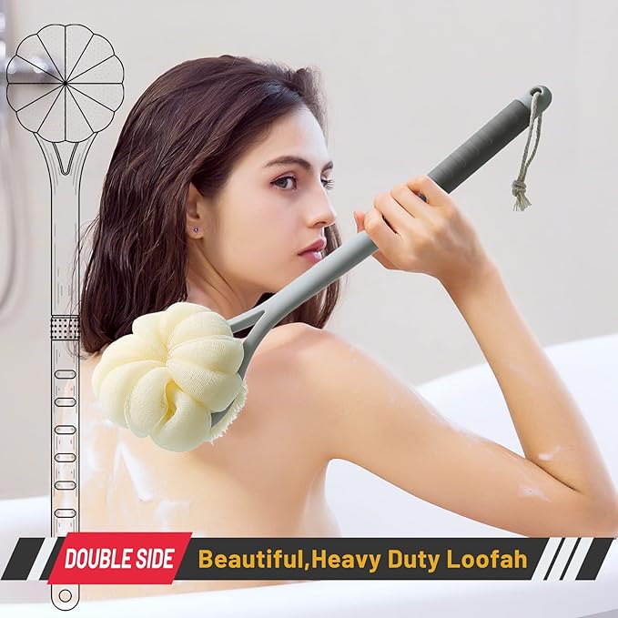 Shower Body Brush, Soft Bristles and Beautiful Pumpkin Loofah 14” Long Handle - Image 2