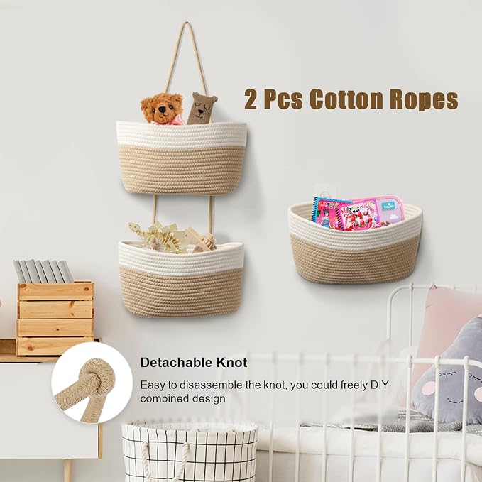 TeoKJ Over the Door Hanging Basket, 3-Tier Woven Cotton Wall-Mounted Storage - Image 6