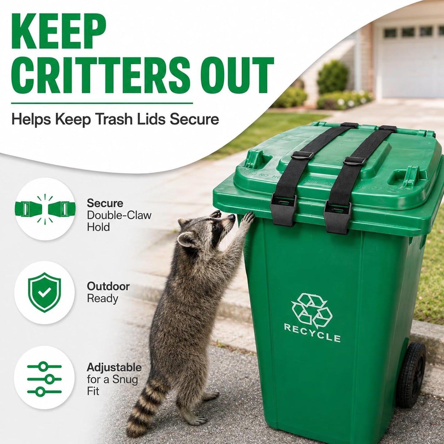 2PCS Bear Proof Trash Can Locks with Double Metal Claw - Adjustable Strap Garbage Can Locks for 28-96 Gallon Outdoor Bins, Animal Proof Against Raccoons - Black