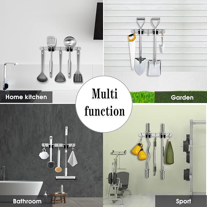 2 Racks and 3 Hooks Broom and Mop Holder Wall Mounted Garage Organizer Storage - Image 6