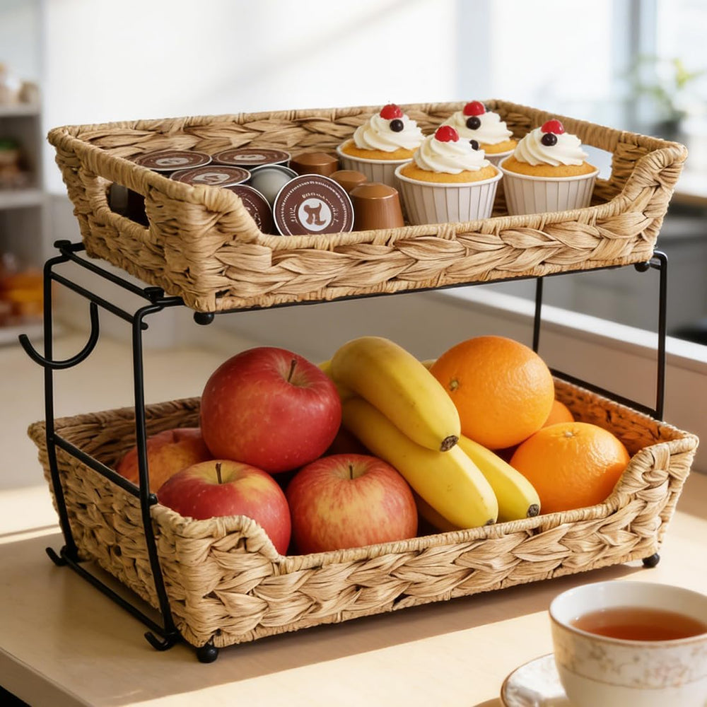 2-Tier Round Faux Rattan Wicker Storage Basket with Metal Frame, Countertop O...
