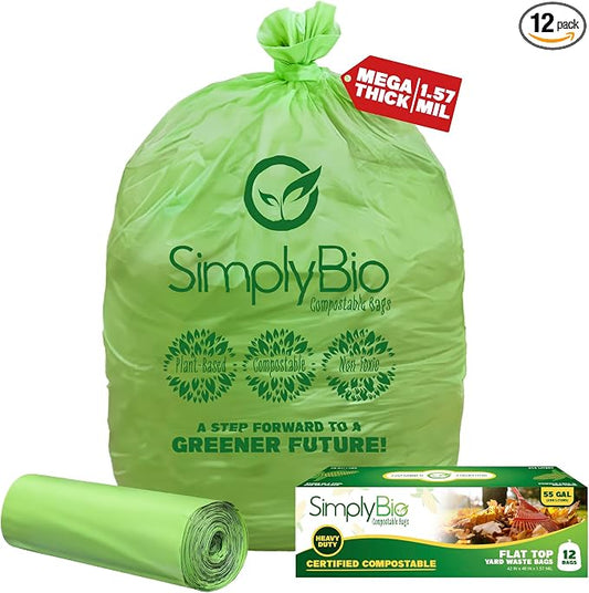 Simply Bio 50-55 Gallon Compostable Trash Bags Liners Flat-Top, Heavy Duty by SimplyBio