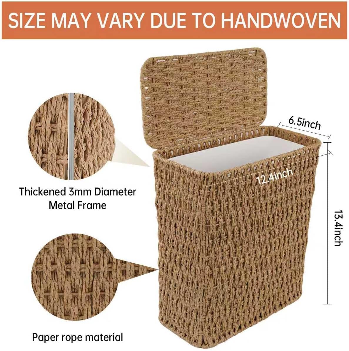 Coeusy 3 Gallon Paper Rope Bathroom Trash Can,Small Wicker Trash Cans with Lid and Liner,Woven Rattan Narrow Waste Basket for Bedroom,Office,Natural