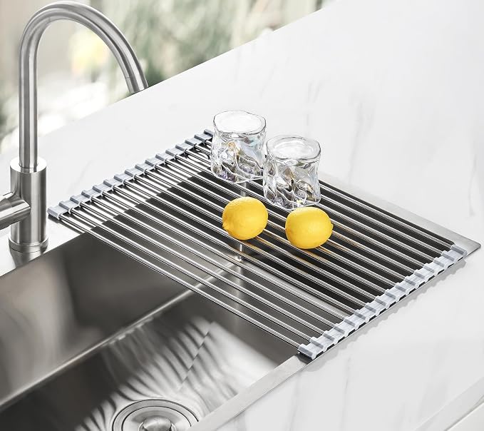 Tomorotec Stainless Steel Roll-Up Dish Drying Rack Marble Color Silicone Edges - Image 8