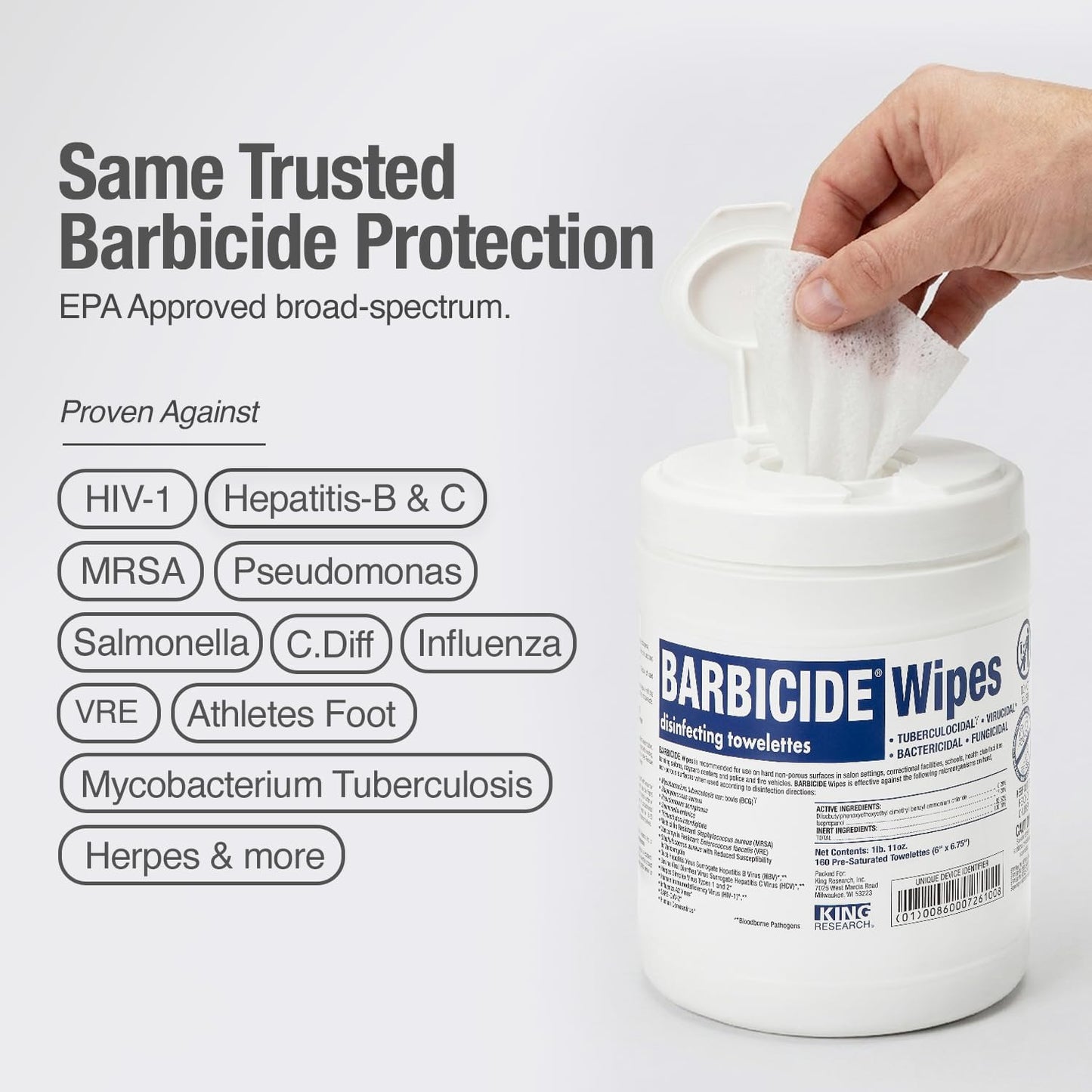 BARBICIDE Professional Disinfecting Wipes (160 Count) – 2-Minute Hospital-Grade Kill Time – EPA-Registered Surface Wipes for Salons, Barbershops & Spas – Bactericidal, Virucidal & Tuberculocidal