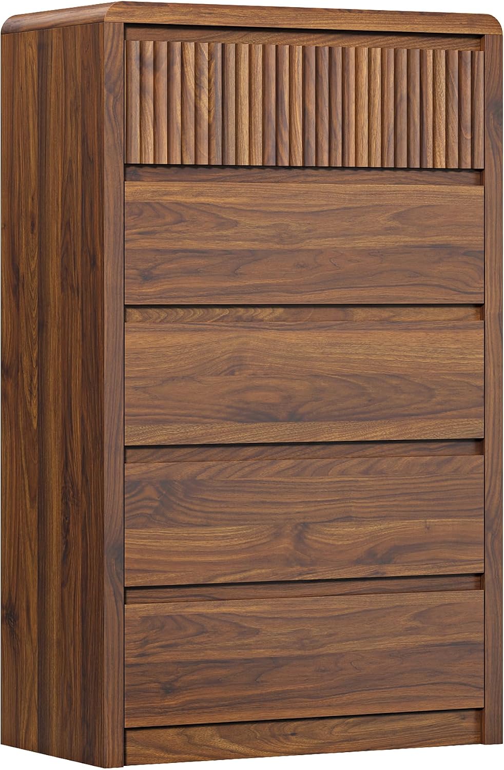 LYNSOM Walnut Fluted 5 Drawer Dresser for Bedroom, Curved Edge, 48" Tall