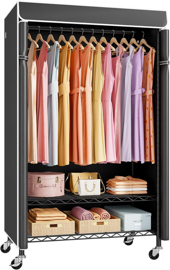 ULIFHOME P6C Rolling Clothes Rack with Cover, 3-Tier Covered Clothing Rack