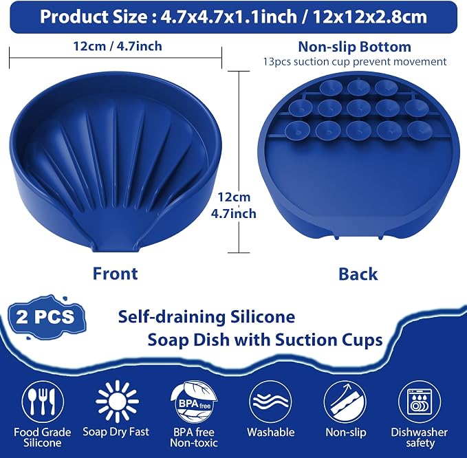 Self Draining Soap Dish, Silicone Suction Cup Soap Holder Tray Savers Container - Image 2