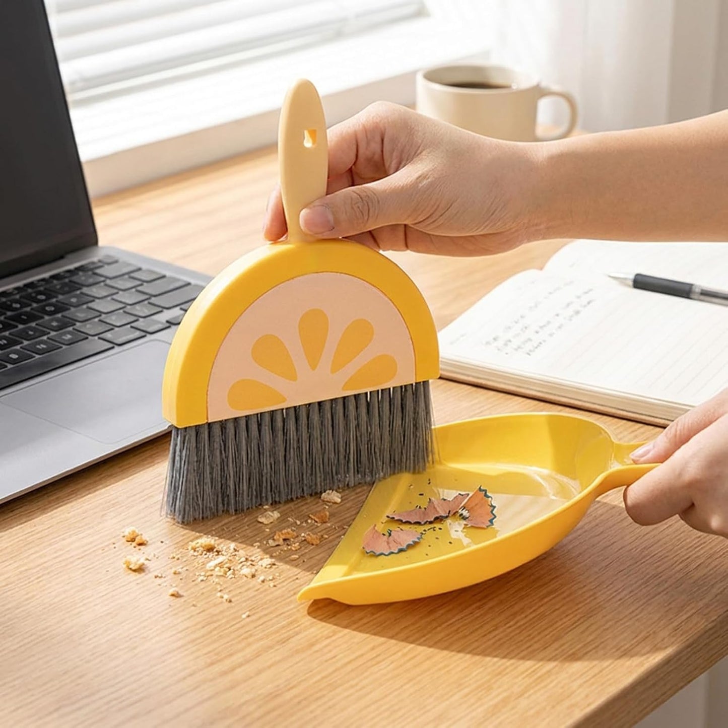 Small Broom and Dustpan Set, Household Dustpan and Brush Set with Ultra Thin Flat Bristles Leak‑Proof Dustpan for Home Cleaning, Tabletop Debris, Keyboards&Clean Pet Cages (Lemon)