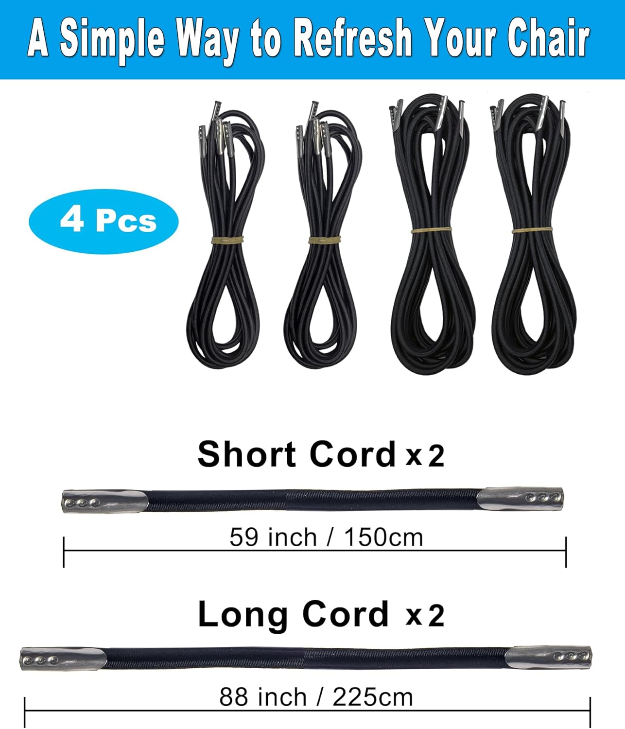 ZUSHALLMY 4 Pack Zero Gravity Chair Replacement Cord, Universal Elastic Cords for Reclining Lounge, Patio, Lawn, Beach and Chairs, Repair Loose or Sagging Seats