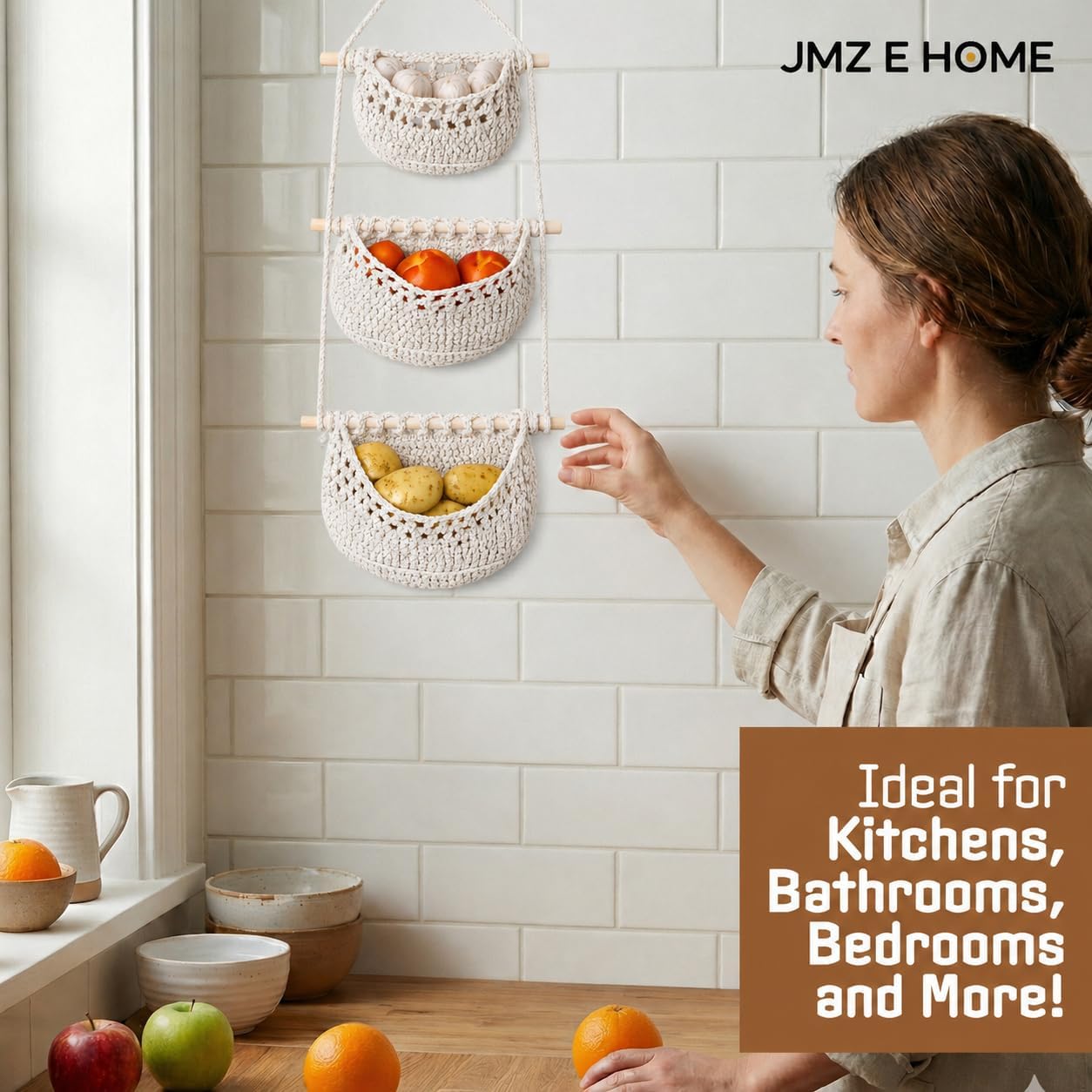 Cotton Hanging Fruit Basket, 3 Tier Woven Wall Basket, Hanging storage baskets for Kitchen and Bathroom, Macrame Wall Hanging, Boho Decor Over The Door Organizer, White