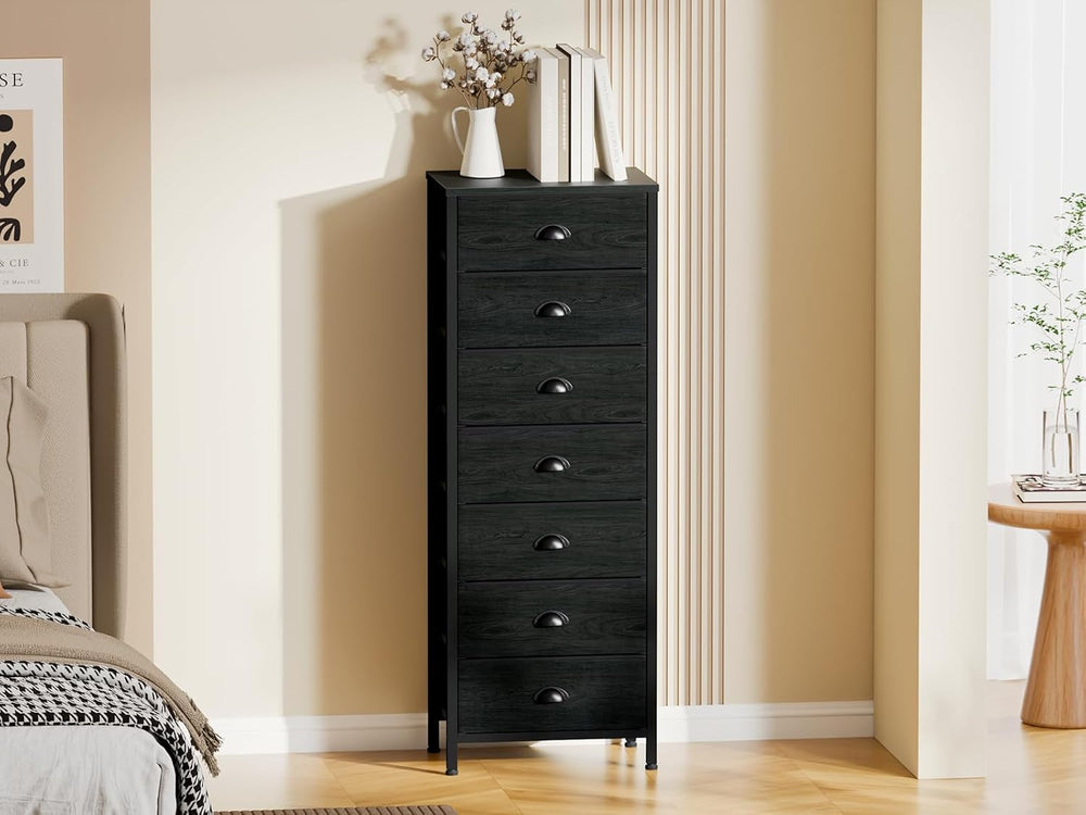 Furnulem Black Bedroom Dresser, Tall Chests of Drawers with 7 Fabric Bins