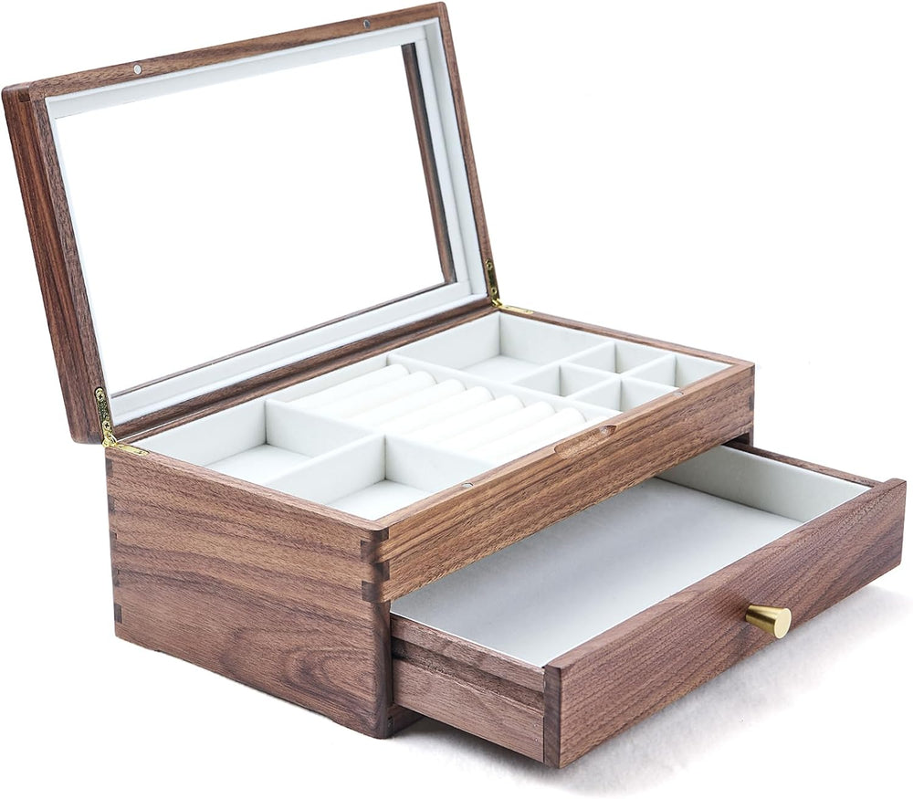 Beexchange Black Walnut Wooden Jewelry Box - Allwood, Handcrafted, Glass Lid ...