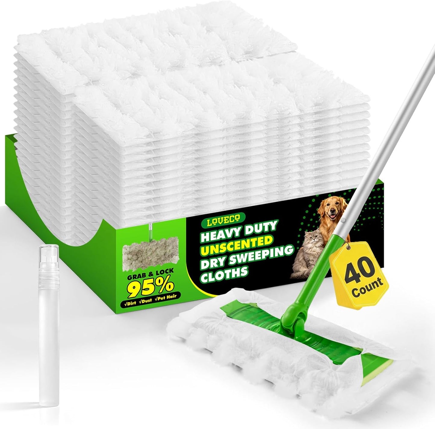 LOVECO Heavy Duty Dry Cloths Compatible with Swiffer Sweeper Mop, Multi-Surface Pet Dry Pads Refills for Floor Sweeping and Cleaning Pet Hair & Dust, Unscented Dry Sweeping Cloths, 40 Count