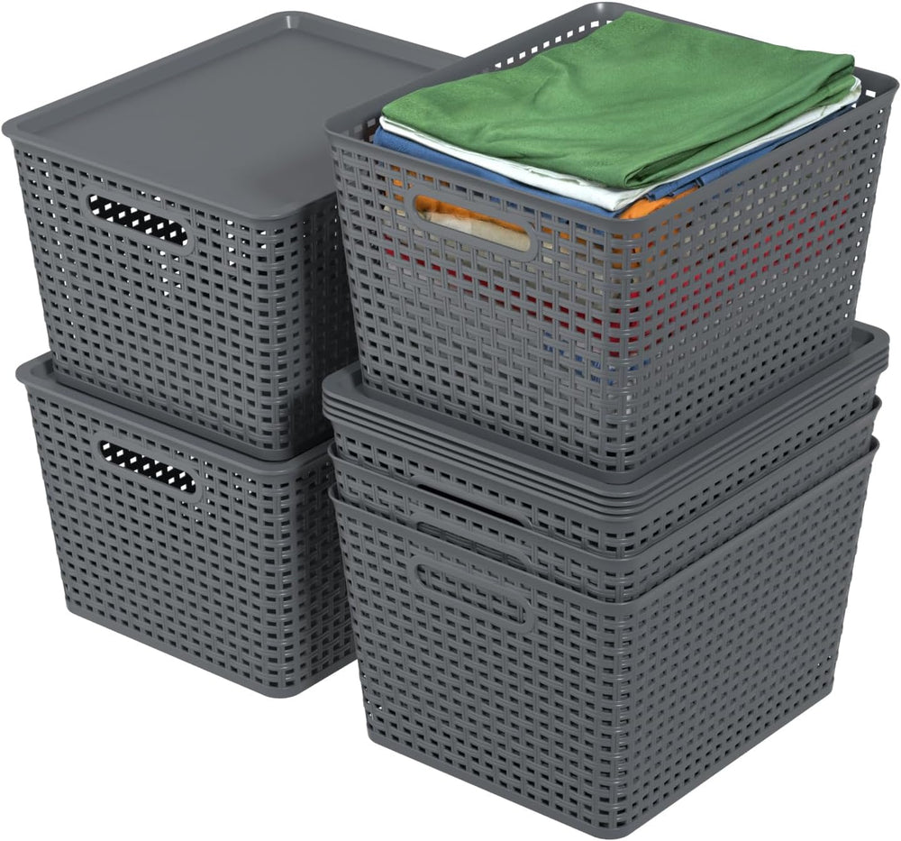 20 Quart Stackable Plastic Weave Storage Basket with Lid, 6-Pack