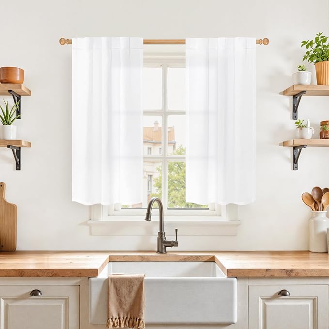 YoungsTex White Linen Curtains for Kitchen Window Over Sink by YoungsTex