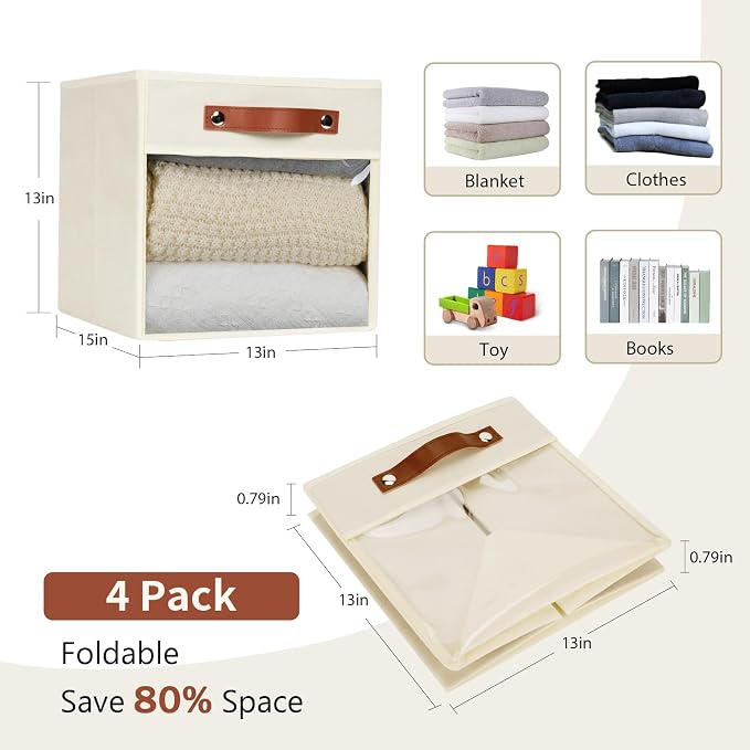 HNZIGE Fabirc Storage Cubes Bin 13x15x13 Clear Storage Cube, 4 Pack Foldable - Image 2
