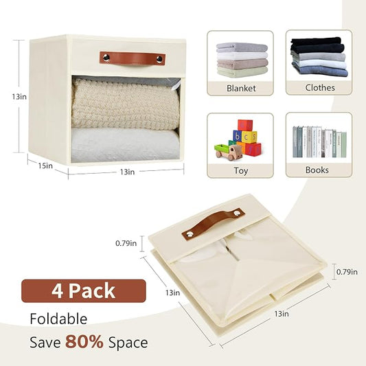 HNZIGE Fabirc Storage Cubes Bin 13x15x13 Clear Storage Cube, 4 Pack Foldable - Image 2