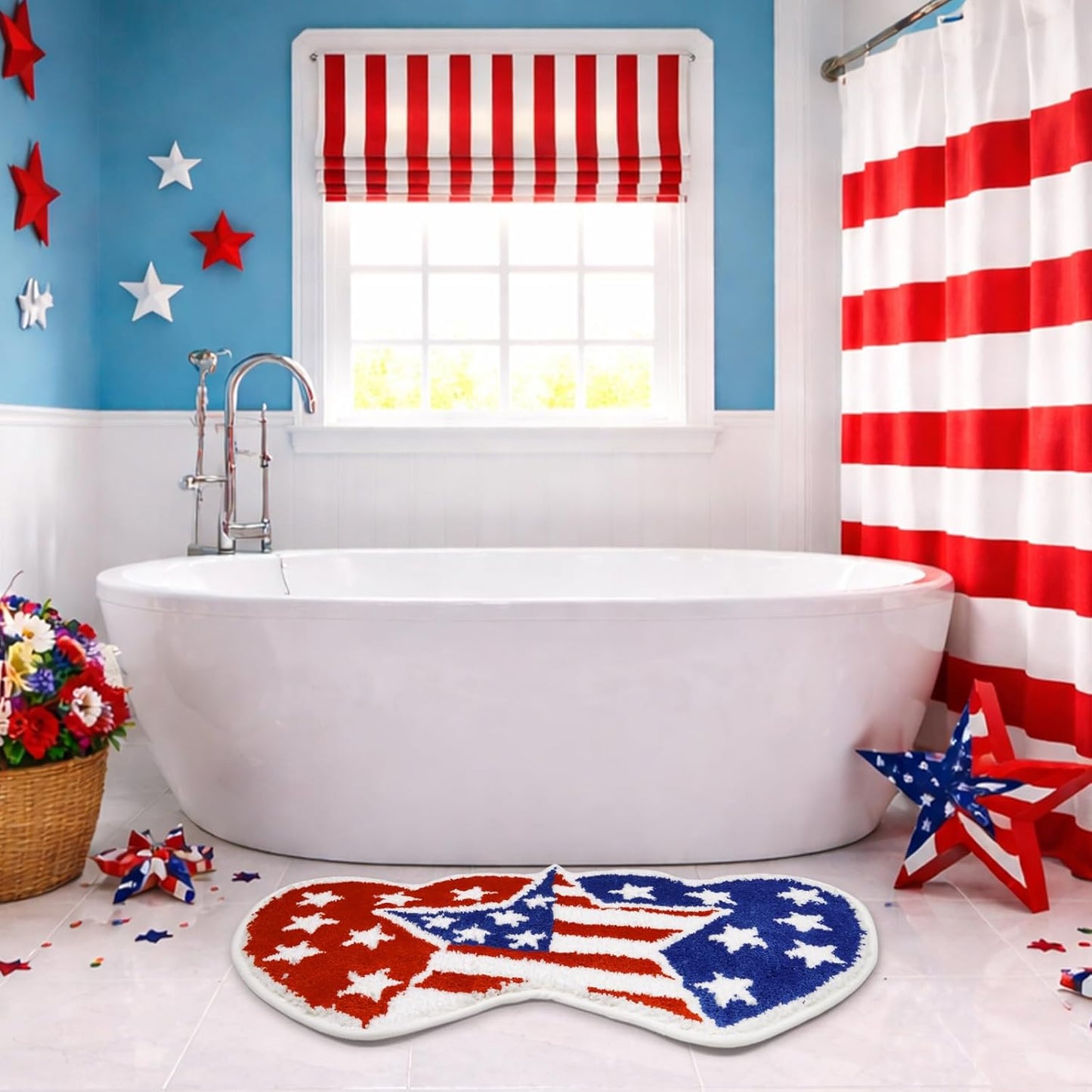 Independence Day Bathroom Rug 35x20 Inch,American Flag Stars Bath Mat with Blue Red Hearts Design, 4th of July Non-Slip Absorbent Bath Rug for Patriotic Bathroom Decor