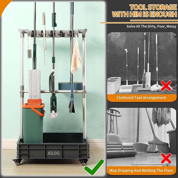 Broom mop Holder Cleaning Supplies Organizer Janitor carts on Wheels - Image 2