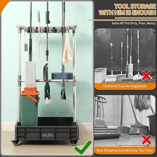 Broom mop Holder Cleaning Supplies Organizer Janitor carts on Wheels - Image 2
