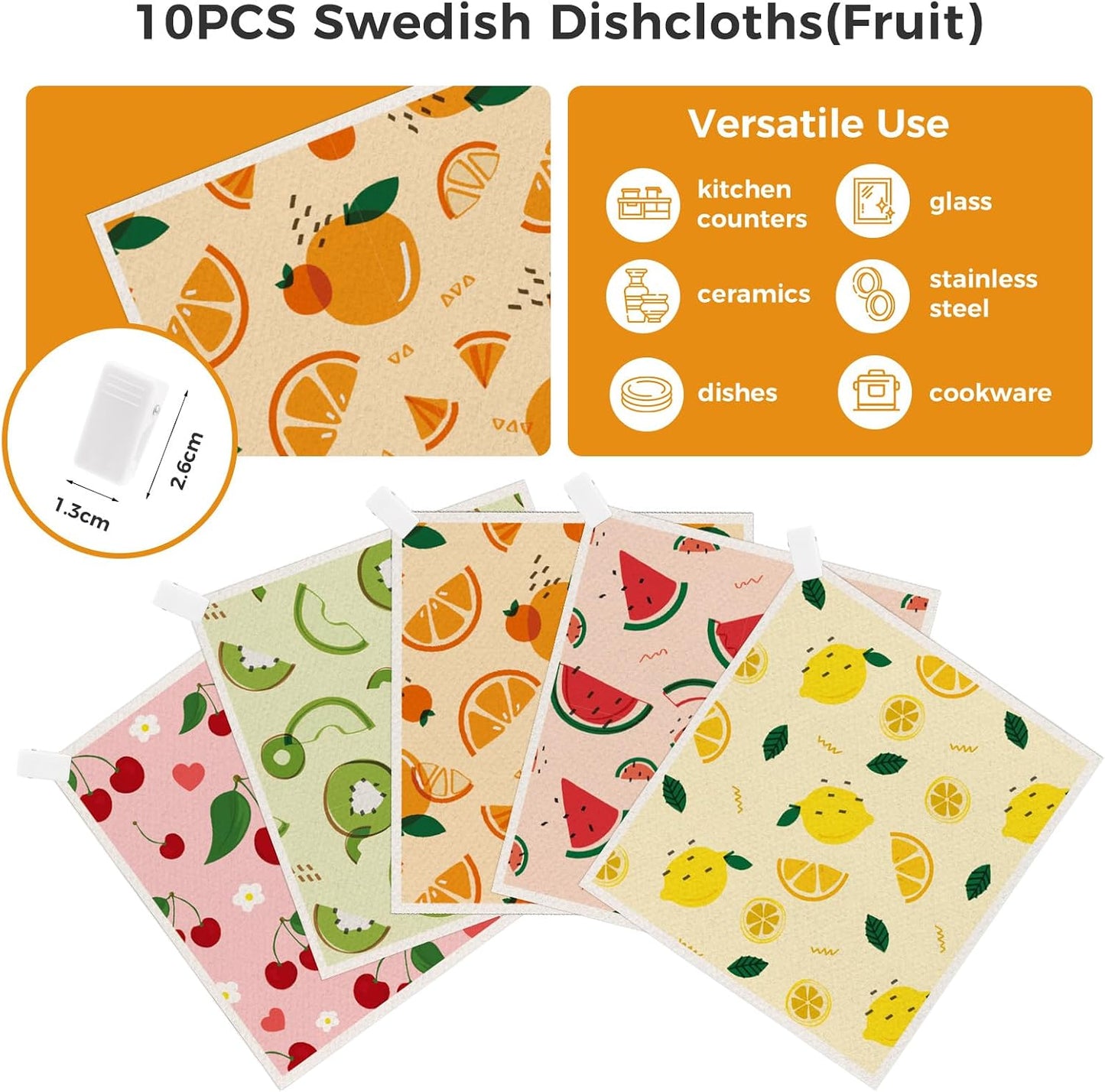 wlich 10 Pack Swedish Dishcloths, Reusable Kitchen Towels with Clips, Fruit | Non-Scratch Kitchen Towels and Dishcloths Sets, Washable Swedish Dish Cloths with Clips, for Dishes, Counters, Glass, Sink
