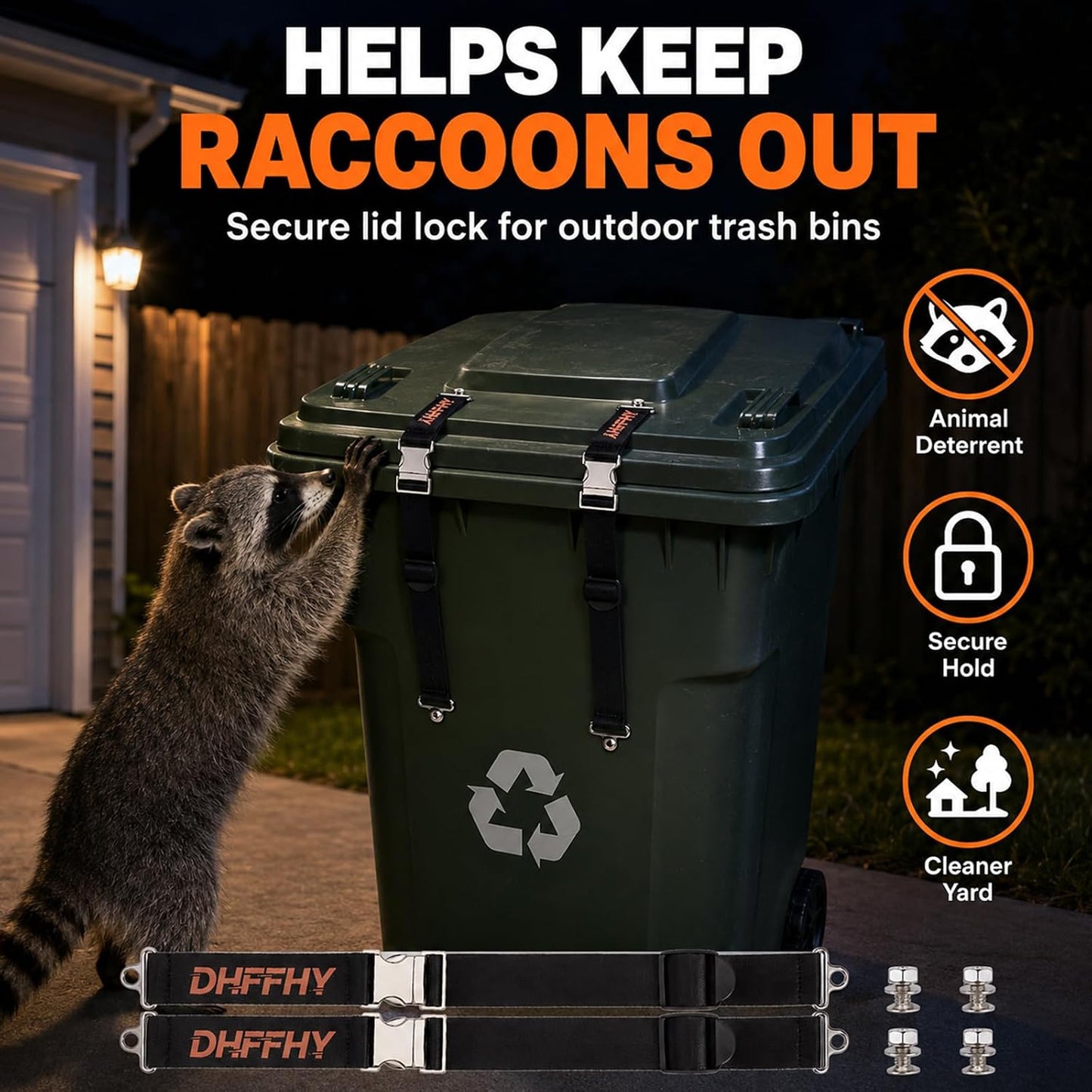 2PCS Heavy-Duty Bear Proof Trash Can Locks - Animal-Proof Lid Straps with Secure Buckle for 28-96 Gallon Outdoor Bins, Anti-Raccoon & Wildlife