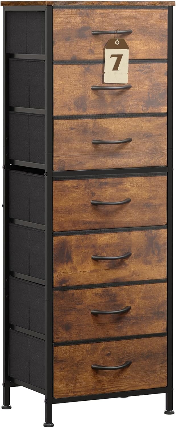 WLIVE Tall Dresser for Bedroom, 7 Drawer Dresser, Rustic Brown