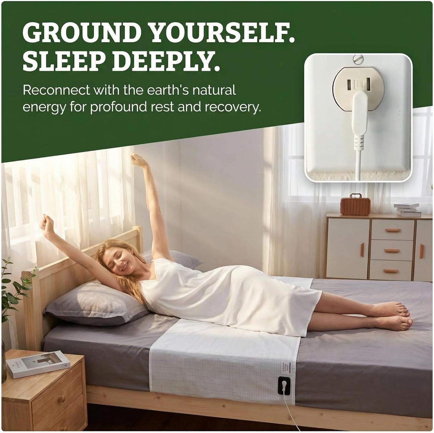 EarthingWell Grounding Sheet for Bed, Grounding Bed Sheet with Silver Fiber & Organic Cotton for Deep Rest, Earthing Sheet Strip with 15.5 ft Grounded Cord, Fits Full Queen King Beds (20" x 104")