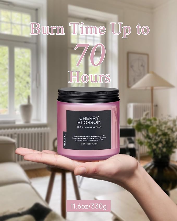 M&SENSE Cherry Blossom Scented Spring Candle, 70 Hours Long Lasting Soy Wax - Image 4