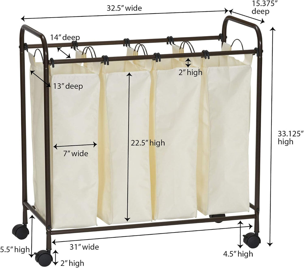 Household Essentials 7173 Rolling Quad Laundry Sorter with Removable Hamper B...