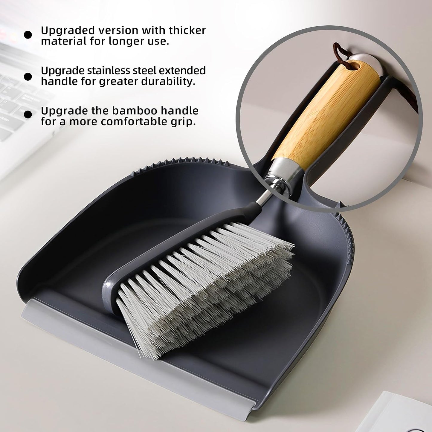 Hand Broom and Dustpan Set with Bamboo and Stainless Steel Handle, PET Bristles, Portable Cleaning Kitchen Countertops, Table Tops,Crumbs,beds,Sofas,Camping,Cars and Animal Cages