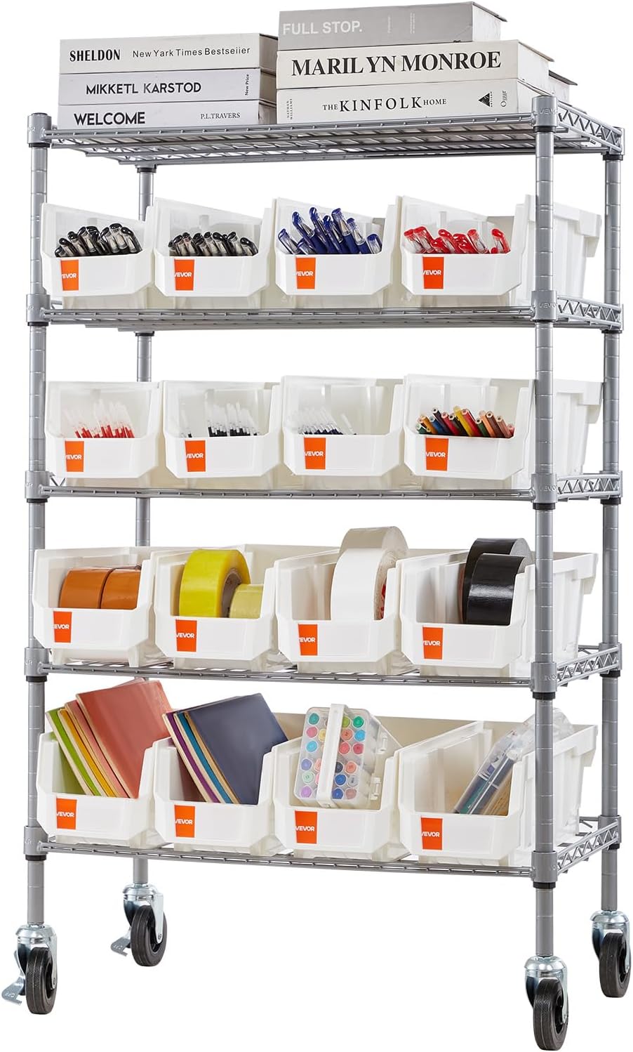 VEVOR 5-Tier Rolling Bin Storage Rack, 16 Organizer Bins, Bin Rack Storage St...