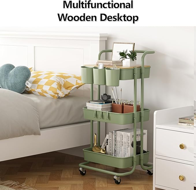 3 Tier Rolling Cart with Metal Handle, Table Top, Hanging Cups, Plastic Storage - Image 4
