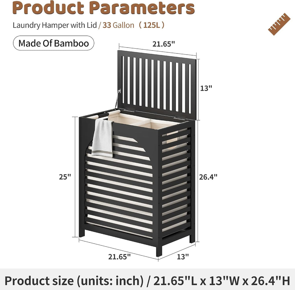 Laundry Hamper with Lid, Bamboo with Handles and Removable Liner Bag, 125L La...