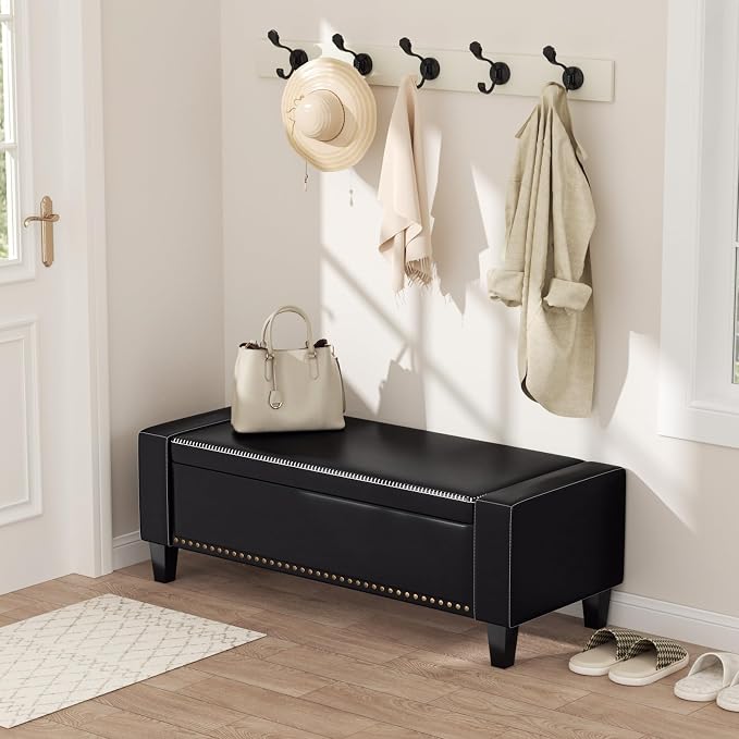 48.8" Storage Ottoman Bench Black | Faux Leather Bedroom Bench - Image 8