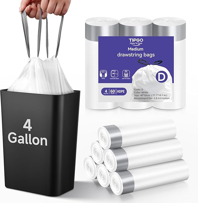 Drawstring 4 Gallon Trash Bags, Pre-Cut Strong Wastebasket Bin Liners by TIPGO