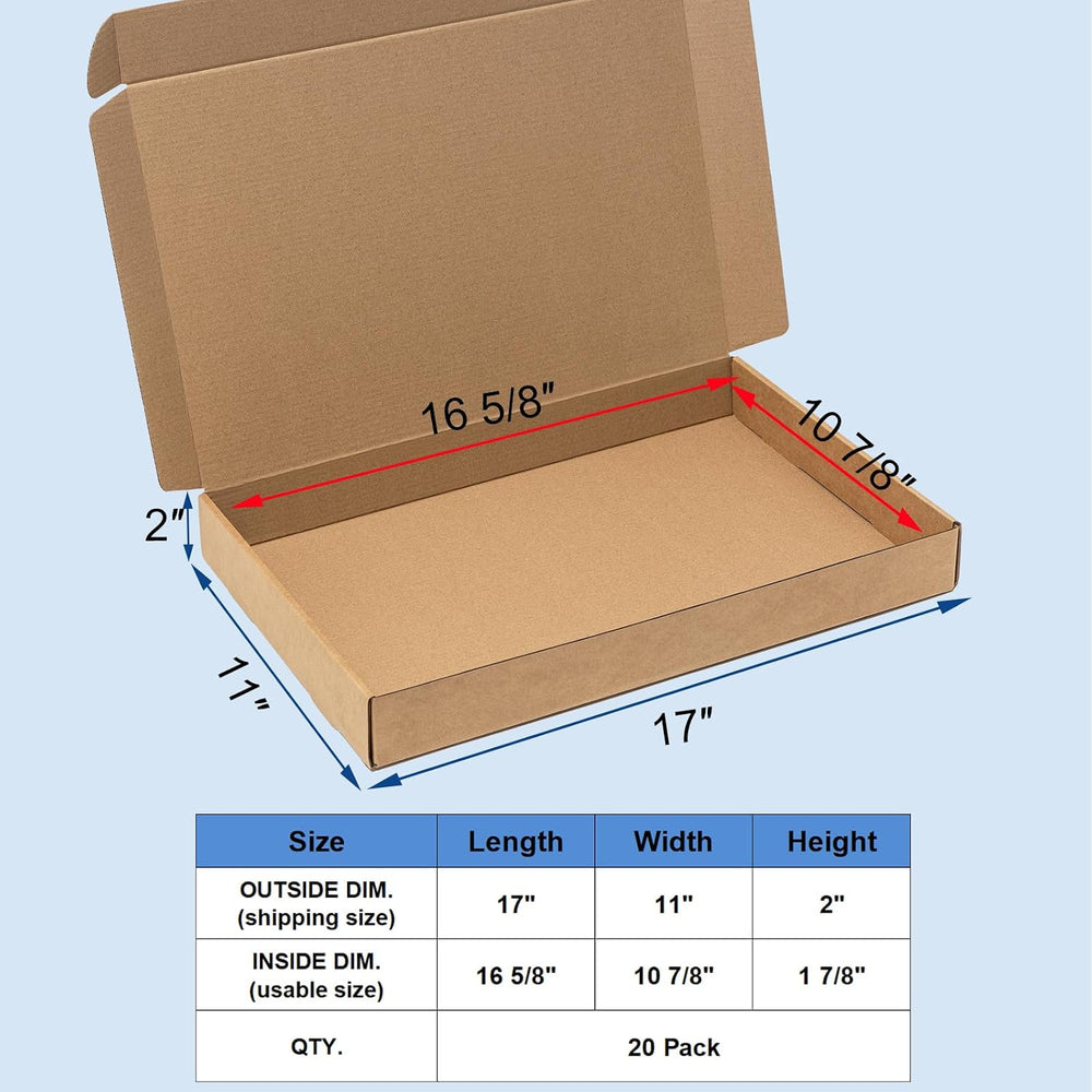 Wowxyz Shipping Boxes 17x11x2" 20 Pack Brown Corrugated Cardboard Mailer