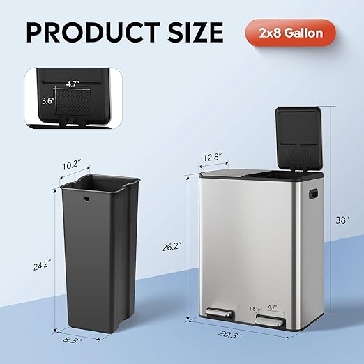 WLIVE 2 x 8 Gallon / 2 x 30 Liter Dual Trash Can, Stainless Steel Double - Image 3