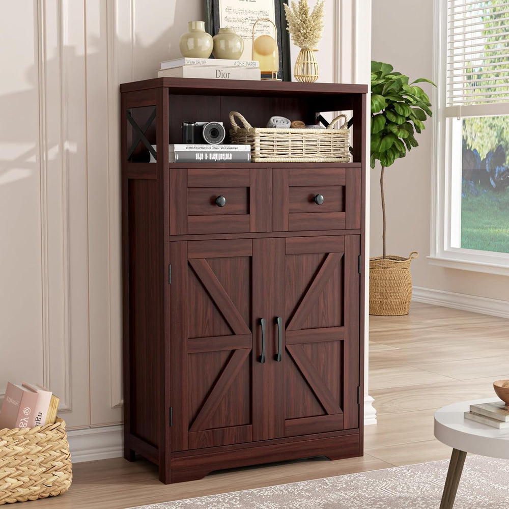 Dark Brown Farmhouse Storage Cabinet with Doors and Drawers, Small Pantry