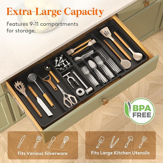 Lifewit Large Silverware Drawer Organizer, Plastic Cooking Utensil Tray - Image 4
