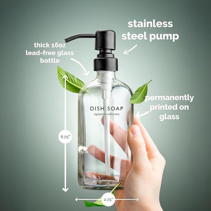 Vine Creations Clear Glass Soap Dispenser Set, Dish Soap and Hand Soap - Image 5