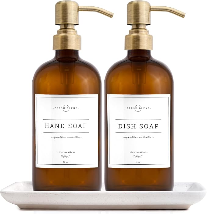 Vine Creations Amber Glass Soap Dispenser, 2 Pack Kitchen Soap Dispenser Set by VineCreations