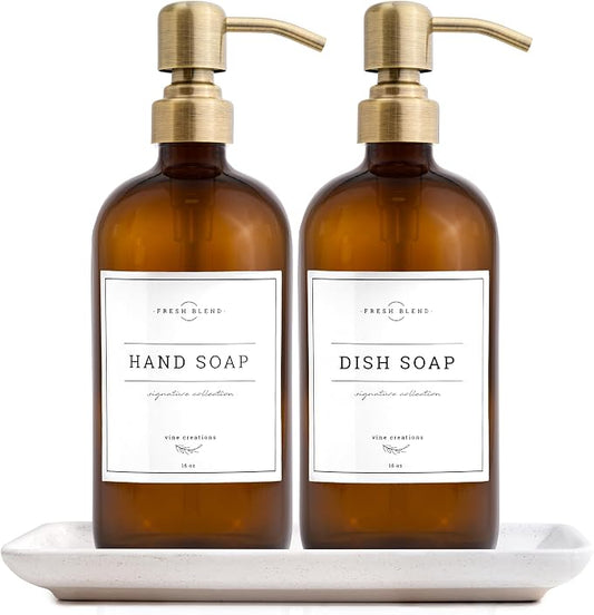 Vine Creations Amber Glass Soap Dispenser, 2 Pack Kitchen Soap Dispenser Set by VineCreations