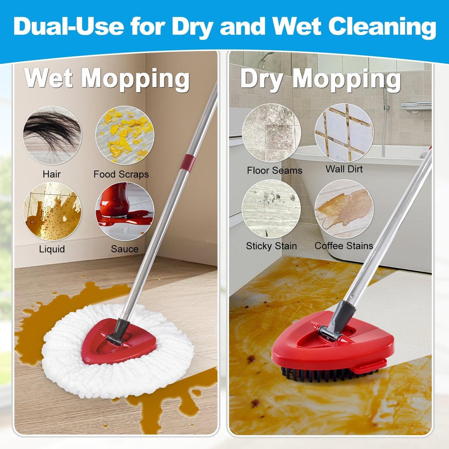 Mop Heads Replacements for Ocedar, Mop Replace Head for o Cedar Easywring 1 Tank, Spin Mop Replacement Head Mop Heads Include 6 Mop Refills Machine Washable, 1 Scrubber Mop Head and 1 Mop Base